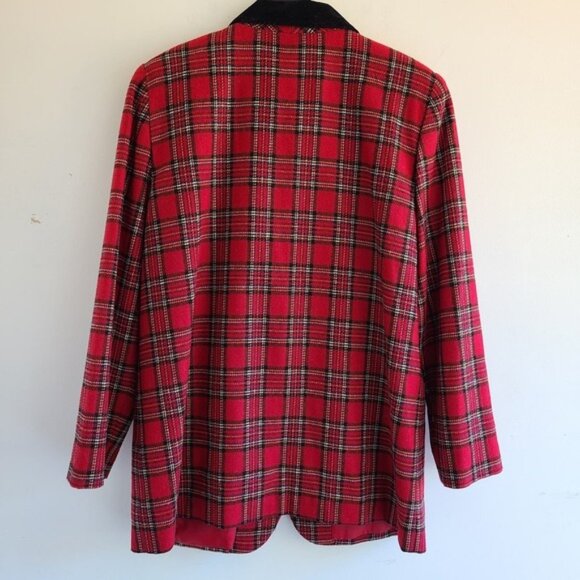 Vintage Red Plaid Blazer Tag sz 14 Velvet Collar Boyfriend 1 Button Christmas - Picture 4 of 9